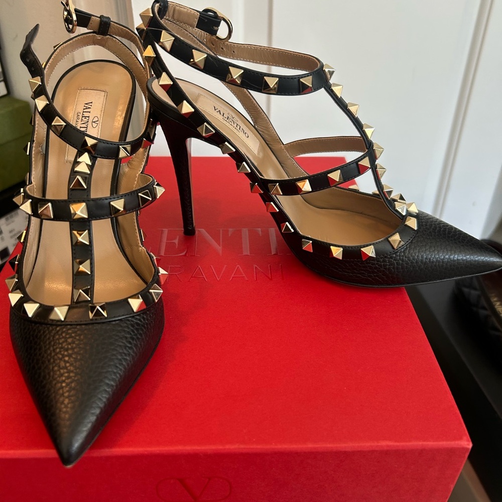 Valentino Black and Gold Studded Heels